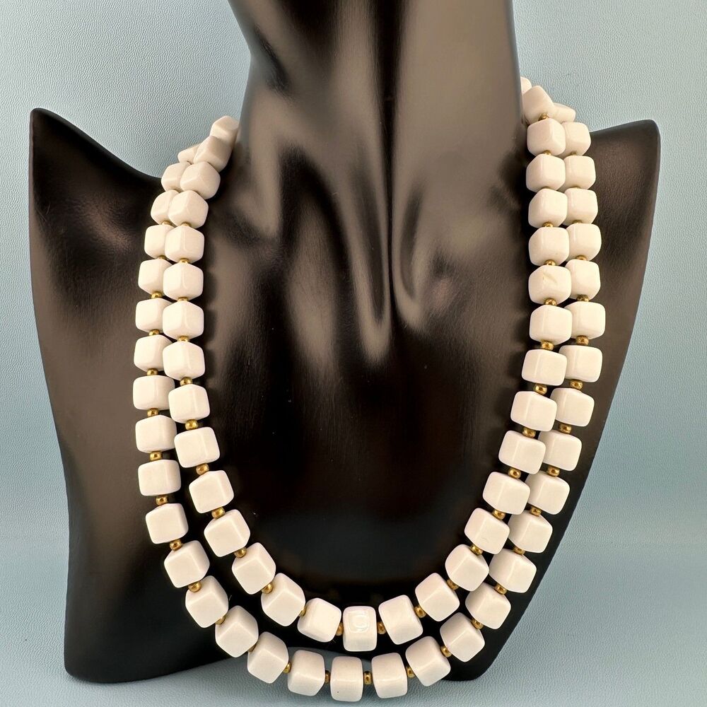 Vintage White Milk Glass Necklace Double Strand Square Shape Bead Gold Tone 18"